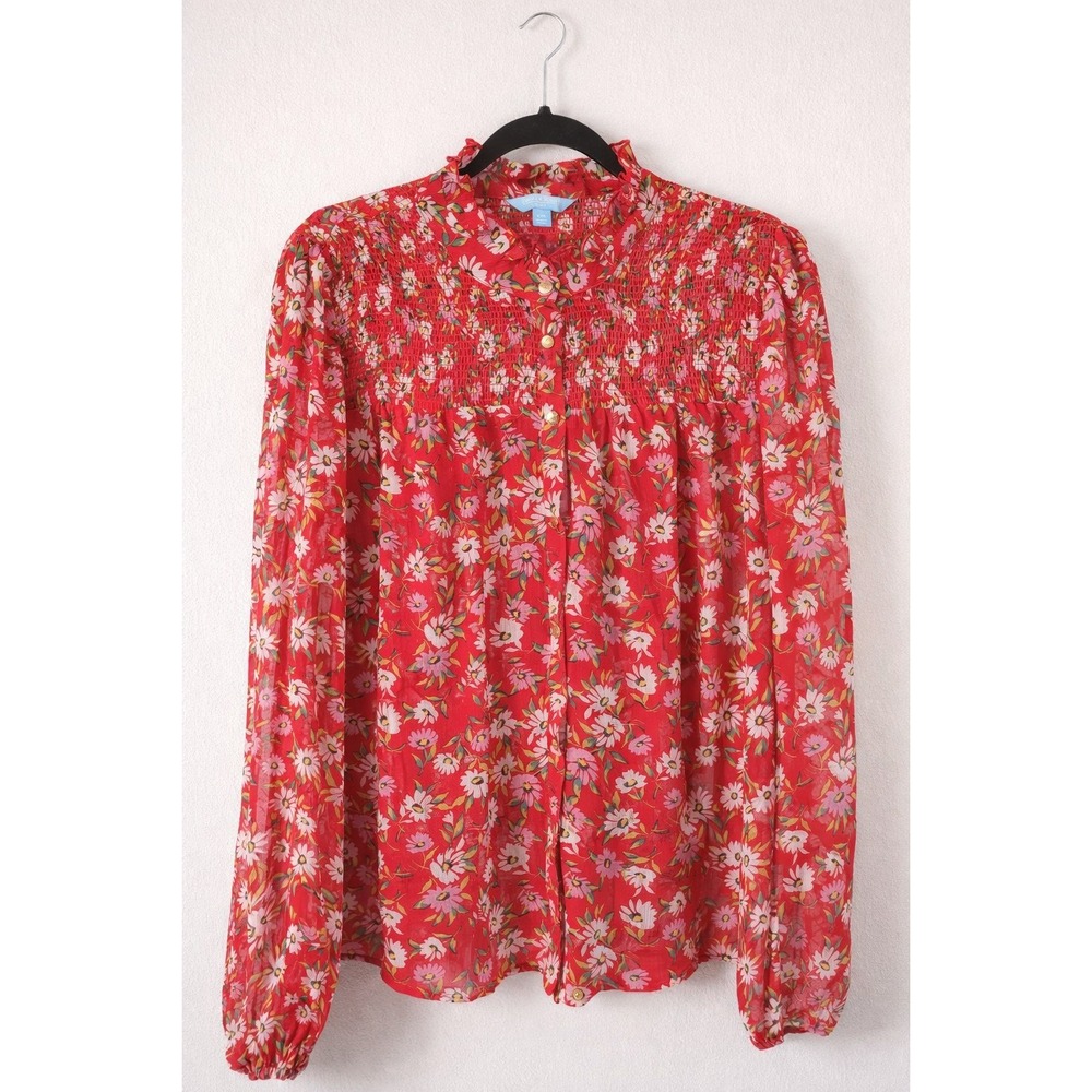 Floral Smocked Blouse XXL Red Pink Puff Sleeve Peasant Top Romantic